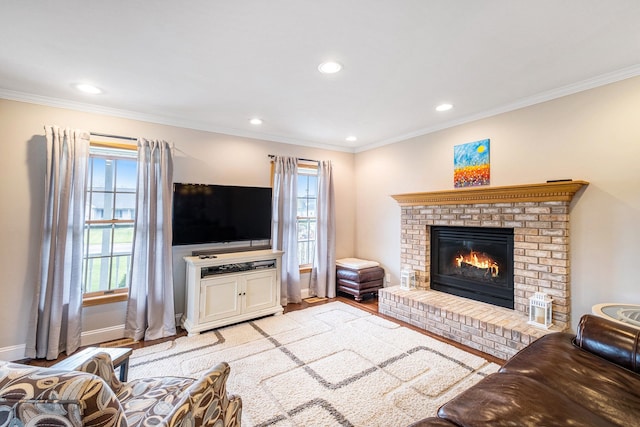 living room featuring baseboards, recessed lighting, and a fireplace
