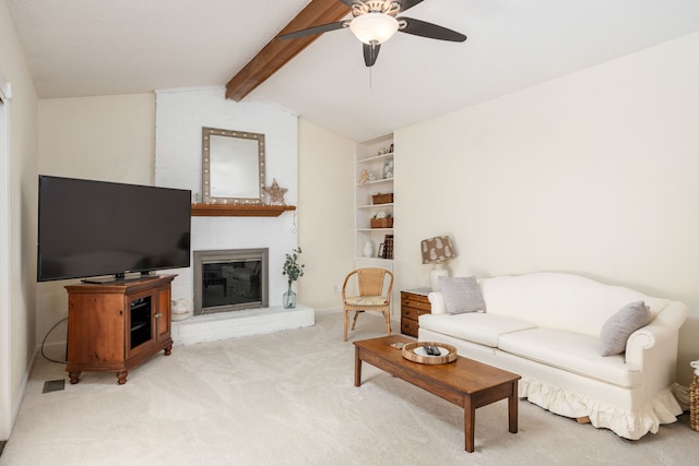44492 Midway Dr, Novi, MI 48375 - living area featuring light colored carpet, a ceiling fan, and a brick fireplace