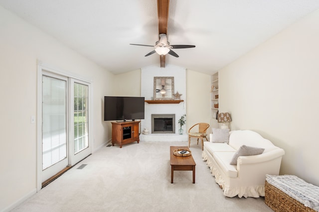 44492 Midway Dr, Novi, MI 48375 - carpeted living room featuring ceiling fan, a brick fireplace, and baseboards