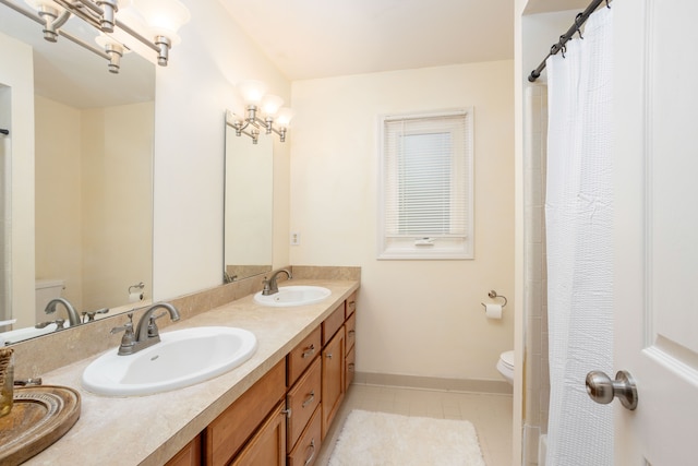 44492 Midway Dr, Novi, MI 48375 - full bath with toilet, tile patterned flooring, double vanity, baseboards, and curtained shower