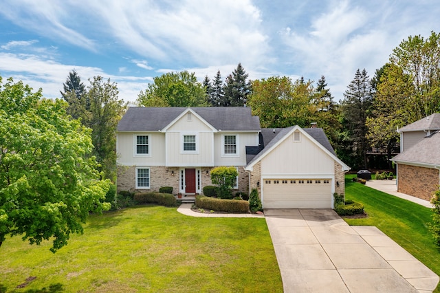 44492 Midway Dr, Novi, MI 48375 - view of front of house with brick siding, driveway, a front yard, a garage, and board and batten siding