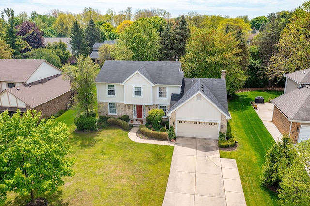 44492 Midway Dr, Novi, MI 48375 - view of front of property featuring driveway, an attached garage, a front lawn, board and batten siding, and a chimney