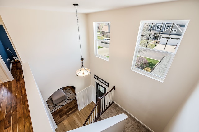 stairs featuring wood finished floors