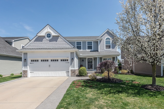 view of front of property with driveway, stone siding, a shingled roof, an attached garage, and a front lawn