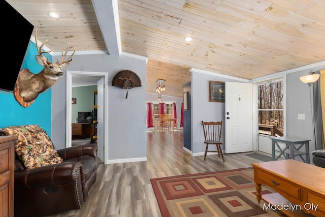 living room featuring recessed lighting, wood finished floors, wood ceiling, vaulted ceiling, and baseboards