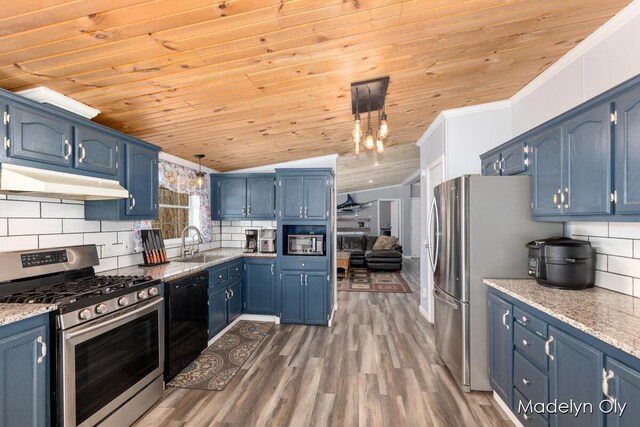 kitchen featuring blue cabinets, wood ceiling, under cabinet range hood, appliances with stainless steel finishes, and backsplash