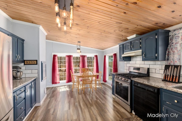 kitchen featuring stainless steel appliances, crown molding, under cabinet range hood, and wooden ceiling