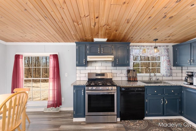 kitchen with blue cabinets, wood ceiling, black dishwasher, a sink, and stainless steel gas range