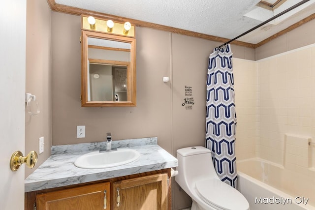 full bath featuring shower / tub combo, toilet, a textured ceiling, and vanity