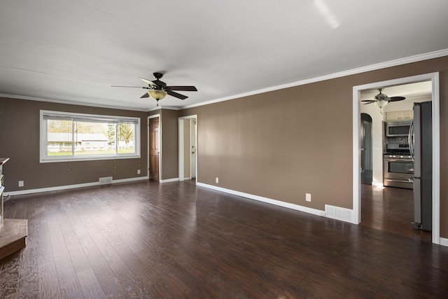 unfurnished living room featuring baseboards, ornamental molding, ceiling fan, and wood finished floors