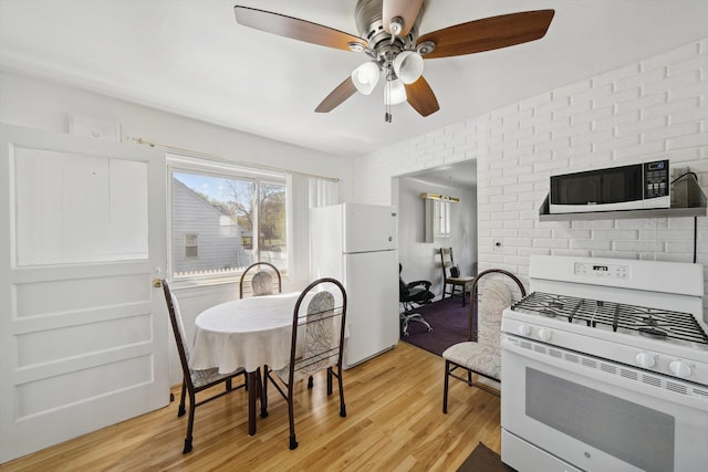 kitchen with white appliances, a ceiling fan, and light wood-style flooring