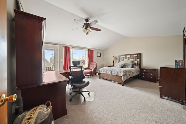 bedroom featuring carpet flooring, a ceiling fan, and lofted ceiling