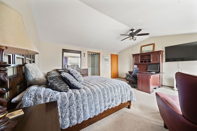 bedroom featuring carpet floors, ceiling fan, and lofted ceiling