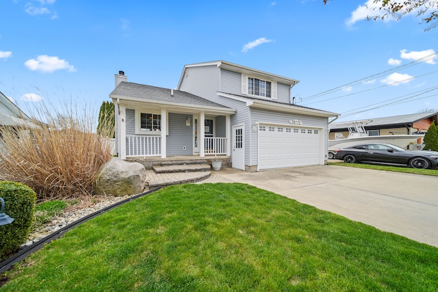 traditional home with a garage, a front yard, a chimney, a porch, and driveway