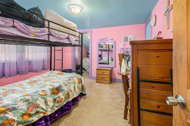 bedroom with light carpet