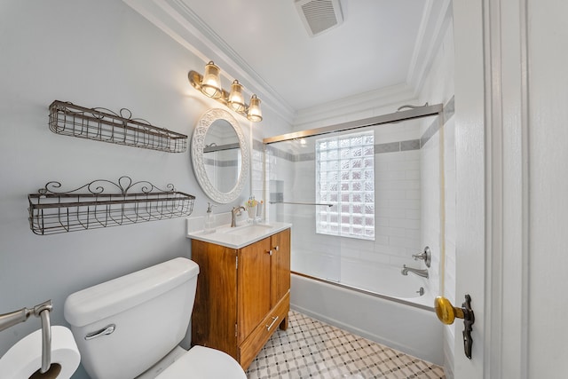 bathroom with enclosed tub / shower combo, ornamental molding, toilet, vanity, and visible vents