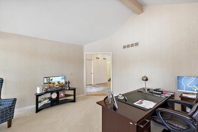 office area featuring high vaulted ceiling, carpet, baseboards, beamed ceiling, and visible vents