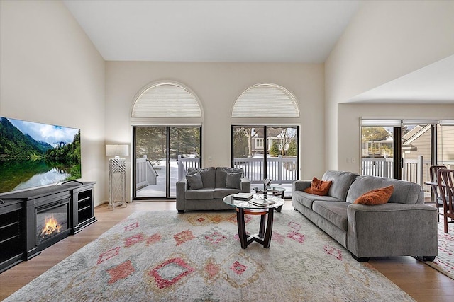 living area featuring a glass covered fireplace, wood finished floors, and a towering ceiling
