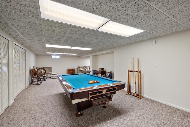 playroom with baseboards, carpet, pool table, and a paneled ceiling