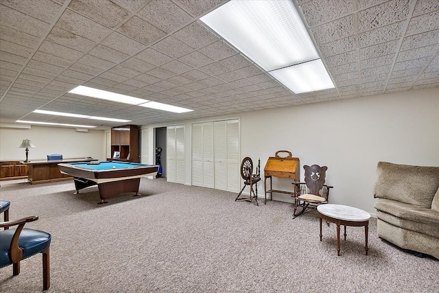 rec room featuring carpet floors and pool table