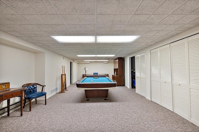 playroom with carpet floors, a drop ceiling, pool table, and visible vents