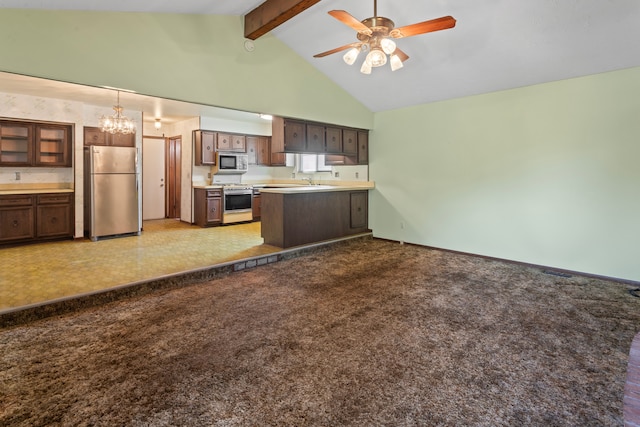 15895 Bexley St, Clinton Township, MI 48038 - kitchen featuring beam ceiling, high vaulted ceiling, a peninsula, appliances with stainless steel finishes, and ceiling fan with notable chandelier