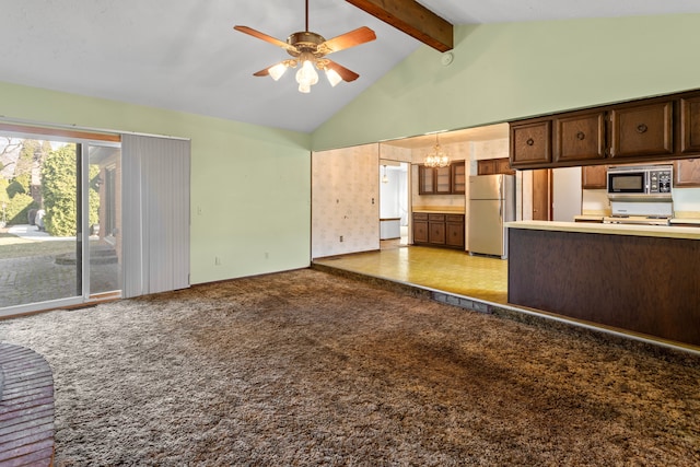 15895 Bexley St, Clinton Township, MI 48038 - unfurnished living room with beam ceiling, high vaulted ceiling, light carpet, and ceiling fan with notable chandelier