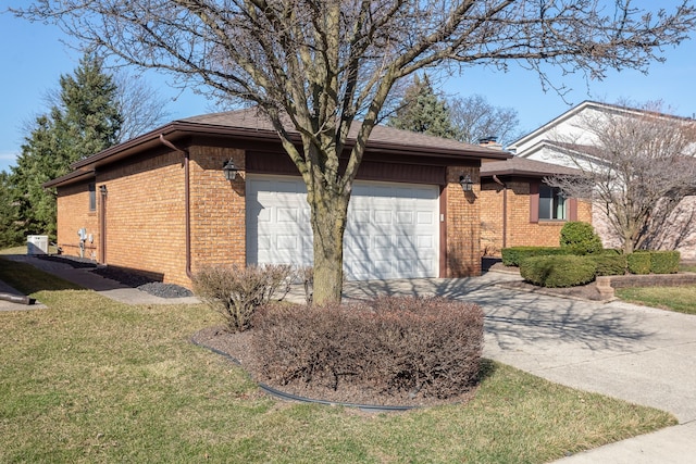 15895 Bexley St, Clinton Township, MI 48038 - view of side of home with a garage, brick siding, concrete driveway, and a lawn