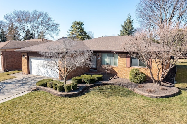 15895 Bexley St, Clinton Township, MI 48038 - ranch-style house with driveway, a shingled roof, a front yard, brick siding, and a garage