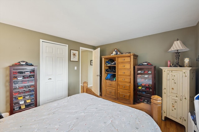 bedroom featuring wood finished floors and a closet