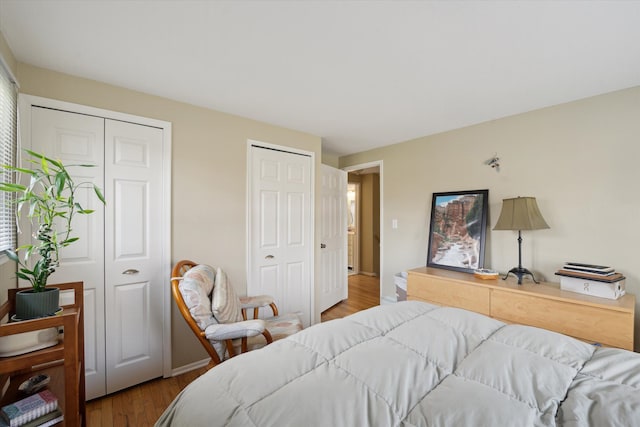 bedroom featuring multiple closets and wood finished floors