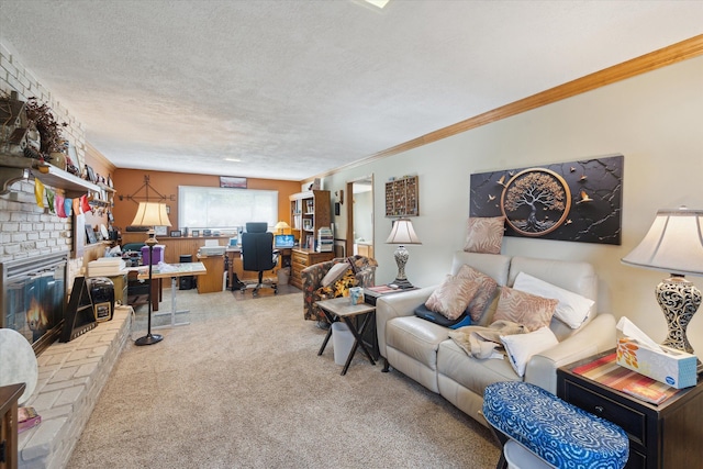 living area featuring carpet flooring, a textured ceiling, crown molding, and a brick fireplace