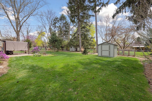 view of yard featuring a fenced backyard, an outbuilding, and a shed