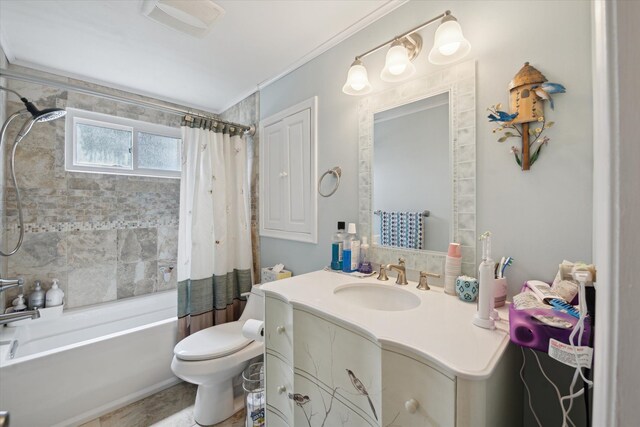 full bath featuring crown molding, visible vents, vanity, toilet, and shower / tub combo