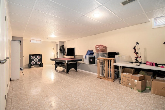 recreation room featuring tile patterned floors, visible vents, pool table, and a drop ceiling