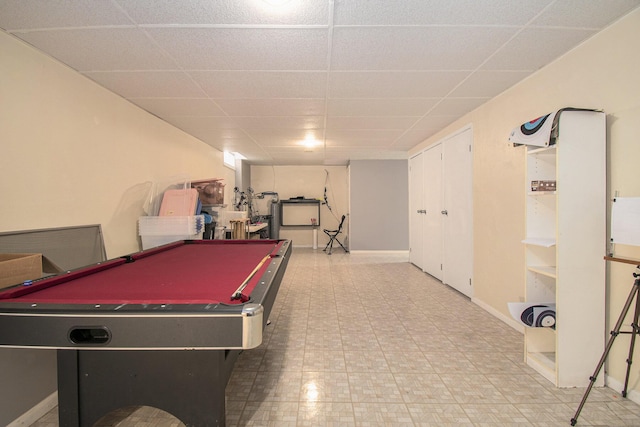 rec room featuring baseboards, billiards, and a paneled ceiling
