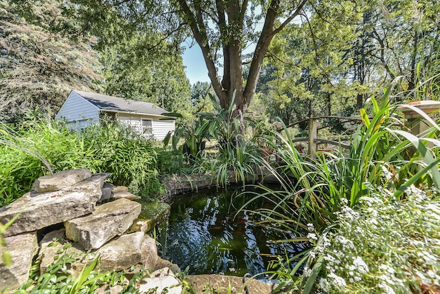view of yard featuring a small pond