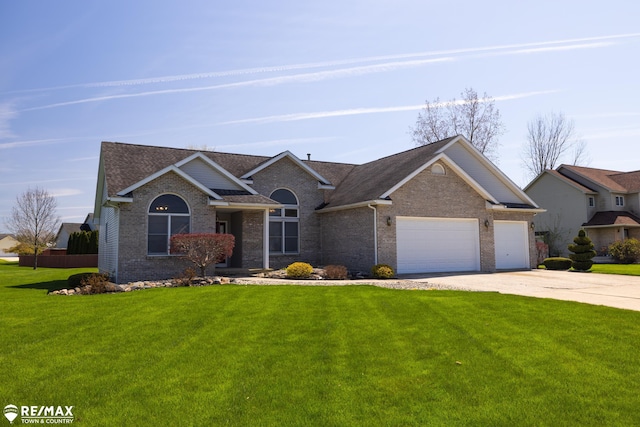 7077 Crosswinds Dr, Swartz Creek, MI 48473 - ranch-style home with driveway, a front yard, brick siding, and a garage