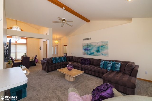 7077 Crosswinds Dr, Swartz Creek, MI 48473 - carpeted living room with beamed ceiling, a ceiling fan, visible vents, and high vaulted ceiling