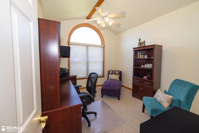 7077 Crosswinds Dr, Swartz Creek, MI 48473 - home office with baseboards, lofted ceiling with beams, a ceiling fan, and light colored carpet