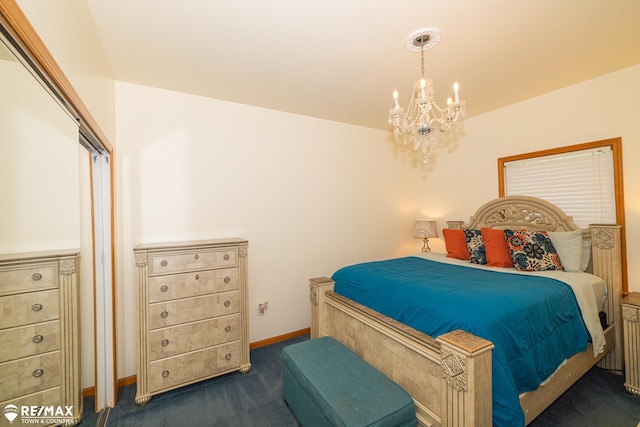 7077 Crosswinds Dr, Swartz Creek, MI 48473 - bedroom featuring dark colored carpet, an inviting chandelier, and baseboards