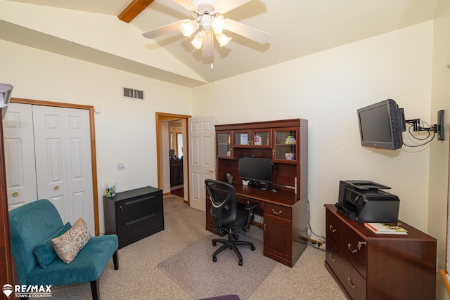7077 Crosswinds Dr, Swartz Creek, MI 48473 - office featuring visible vents, ceiling fan, high vaulted ceiling, and light carpet