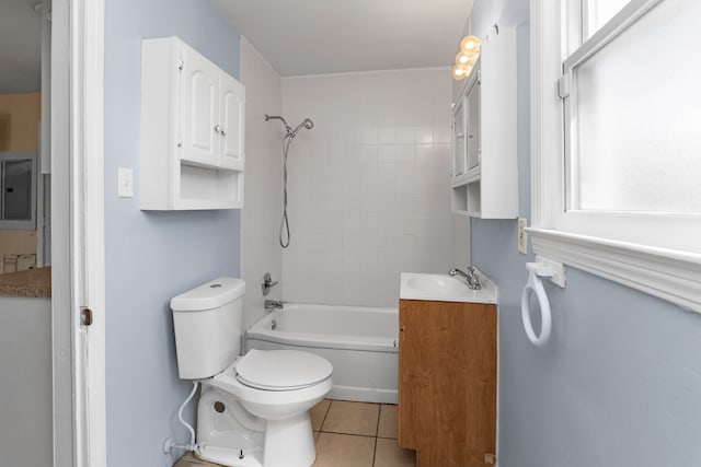 full bath with vanity, electric panel, tile patterned floors, toilet, and shower / washtub combination