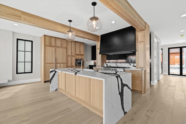 13459 Haddon St, Fenton, MI 48430 - kitchen with baseboards, light wood-style flooring, and wall chimney exhaust hood