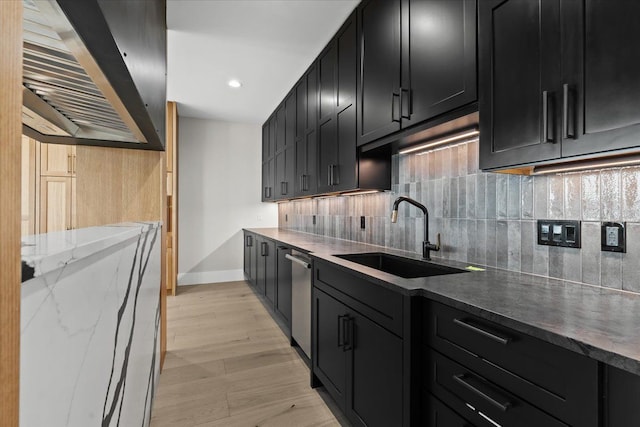 13459 Haddon St, Fenton, MI 48430 - kitchen featuring stainless steel dishwasher, baseboards, tasteful backsplash, dark cabinets, and a sink