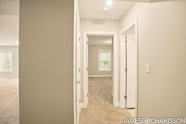 hallway with baseboards, a textured ceiling, and light colored carpet