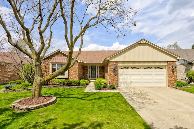 ranch-style home featuring brick siding, a garage, driveway, and a front yard