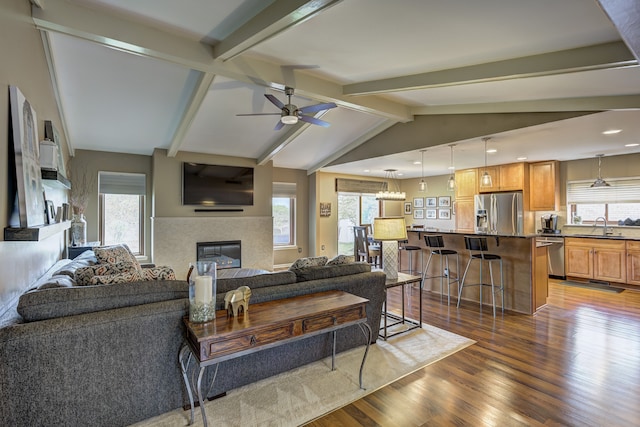 living area featuring dark wood finished floors, a glass covered fireplace, a wealth of natural light, and ceiling fan
