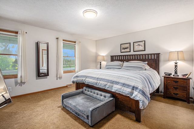 bedroom with carpet floors, a textured ceiling, baseboards, and visible vents
