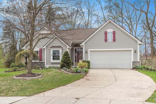 view of front facade featuring stone siding, driveway, and a front yard